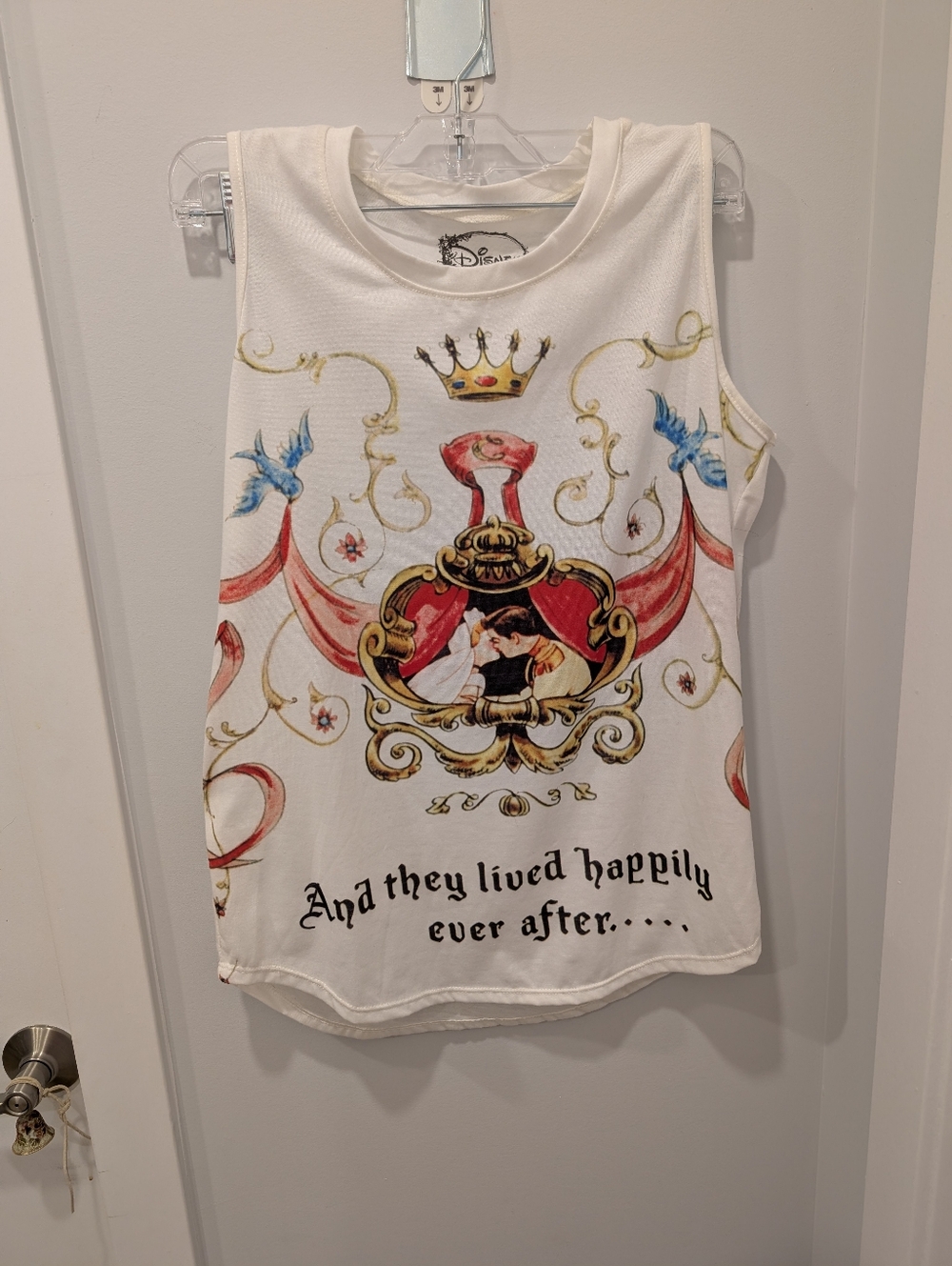 Disney White Tank Top with Gold, Blue and Red Fairy-Tale Crest